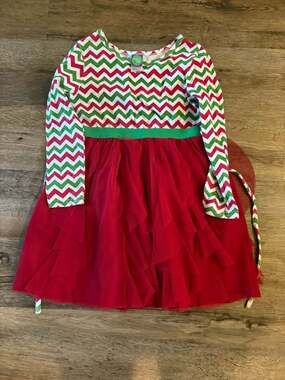 Dollie & Me Girls Red and Green Chevron Long Sleeve Tulle Holiday Dress Size 6